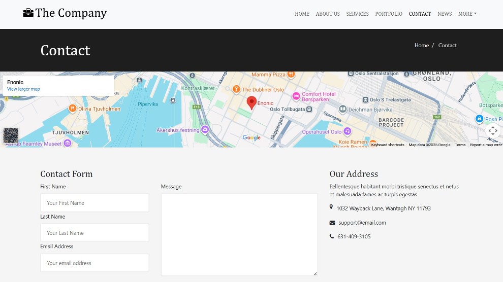 Contact form for sending emails, with interactive map.