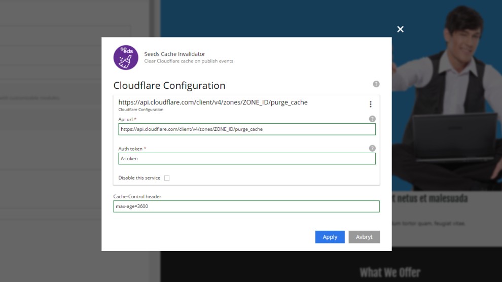 Configuration window with example tekst