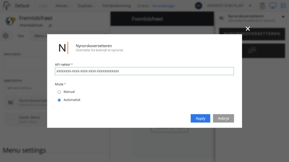 The settings window/popup of application