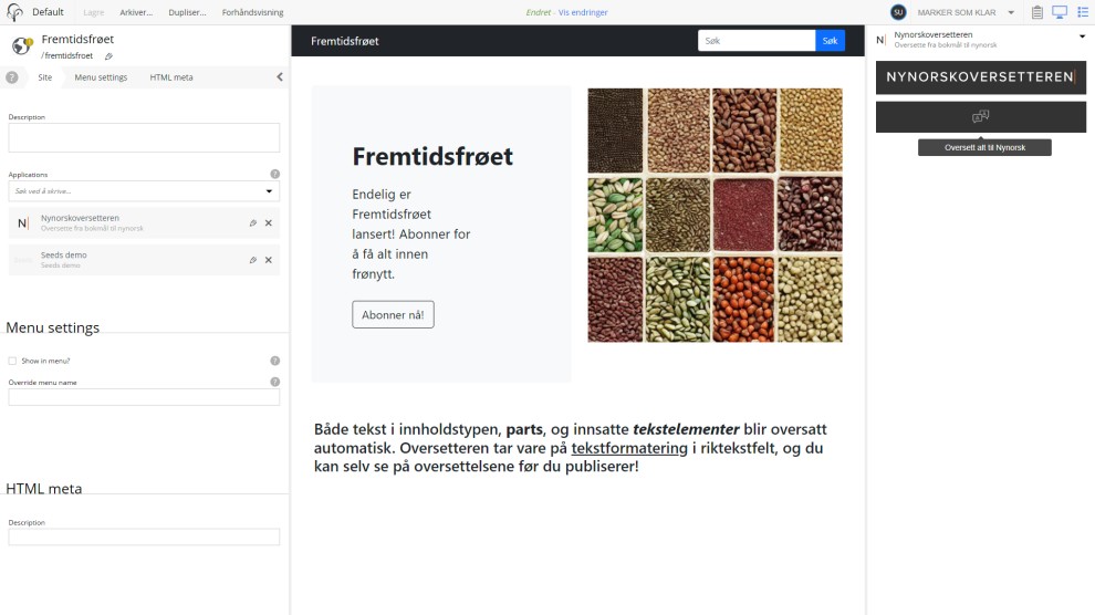 Content studio with the widget open showing automated translation